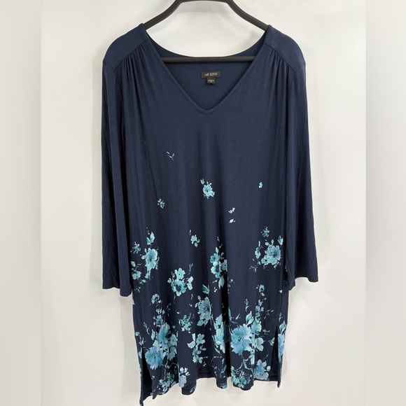 J.Jill Wearever V Neck Floral Tunic Boho Navy Blue Shirred Size Medium tall MT - Picture 3 of 16